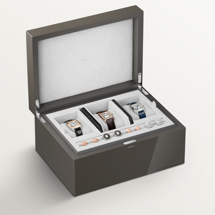 santos de cartier drei-uhren- und manschettenknopf-box