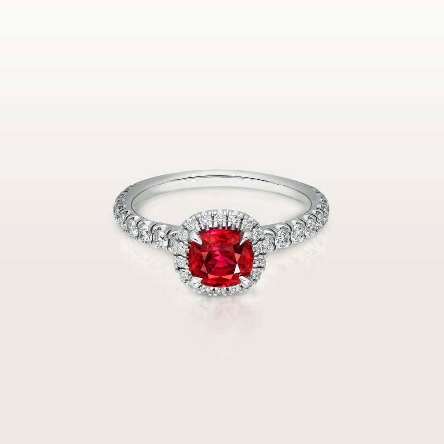 cartier destinée solitär rubin im kissenschliff gepflastert
